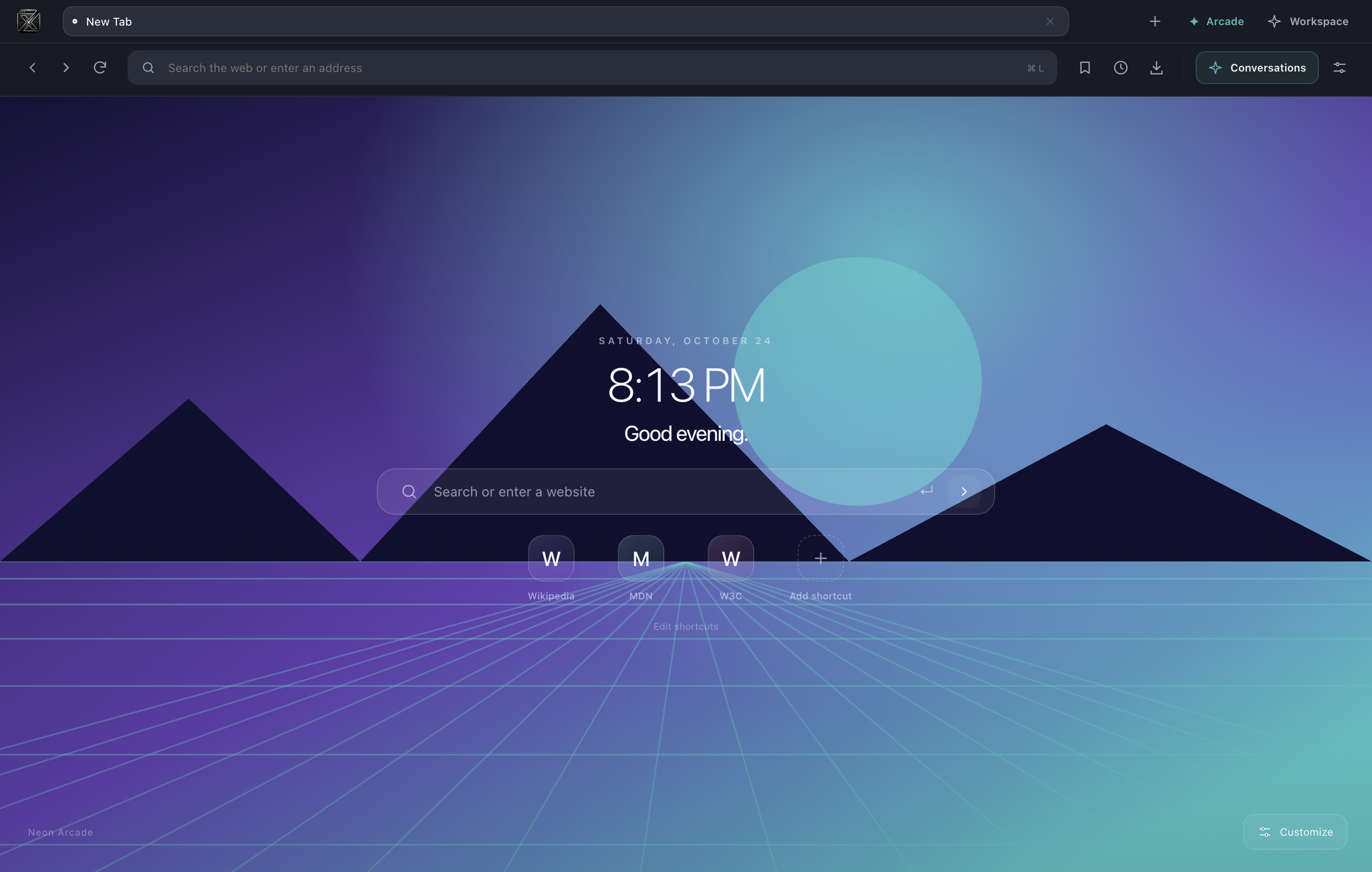The actual PoxeyX1 Mac app with the Neon Arcade wallpaper selected during installed setup